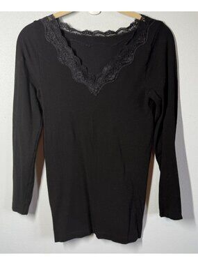 Elietain Womens One Size Fits Most Black Lace Trim Long Sleeve Baselayer Stretch